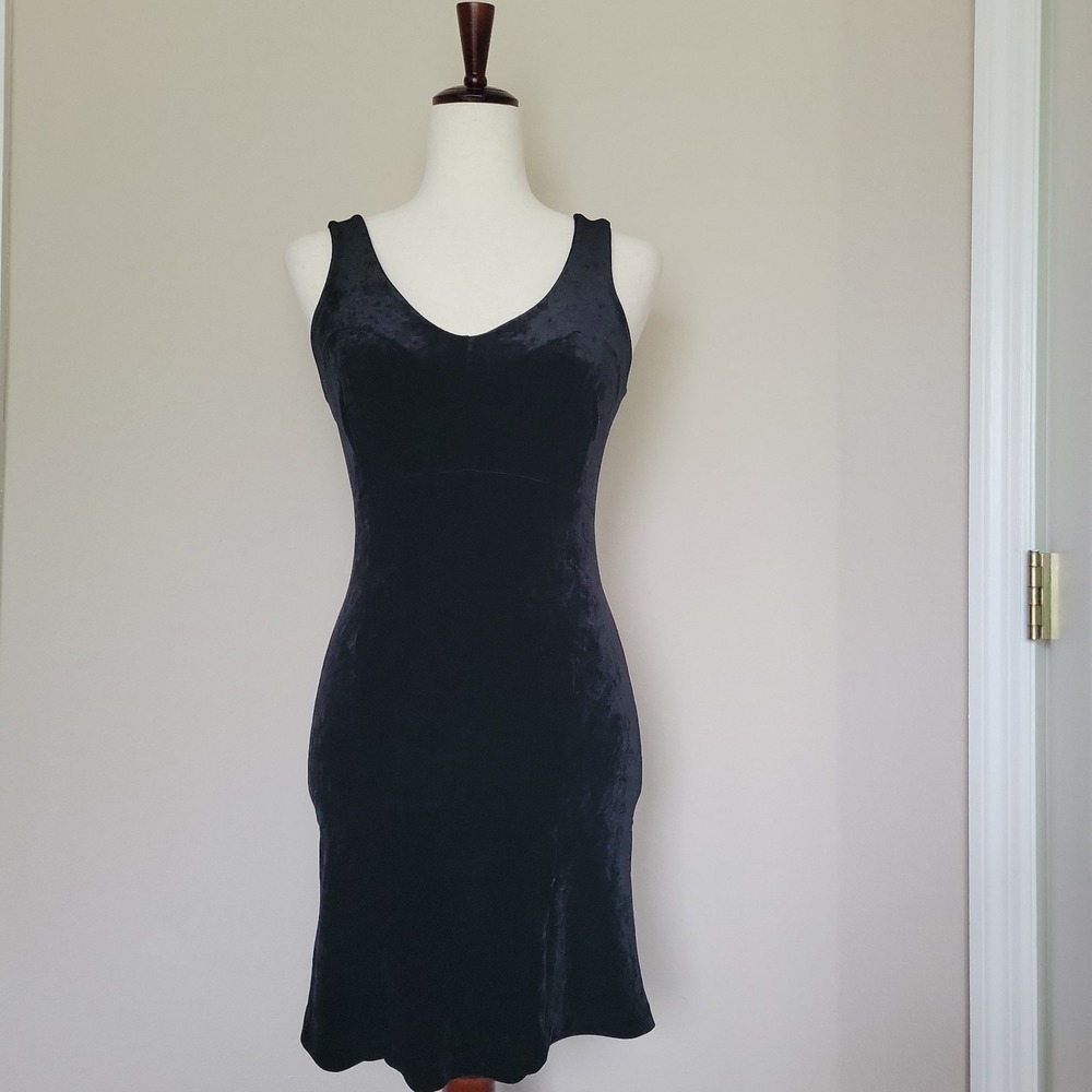 90s Vintage Betsey Johnson Black Stretch Velvet Bodycon Slip Dress Size S M Goth